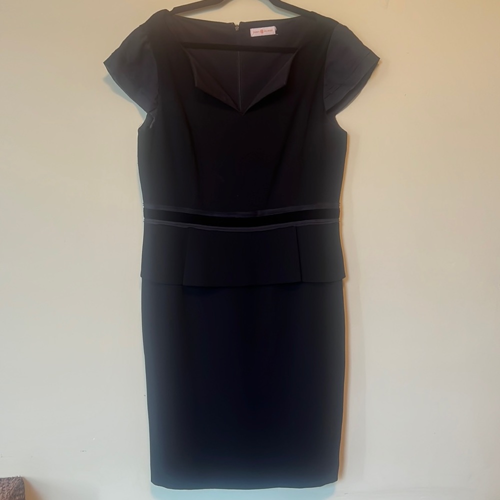 Tory Burch Katy dress w/ velvet trim + sheer sleeves, black, 12